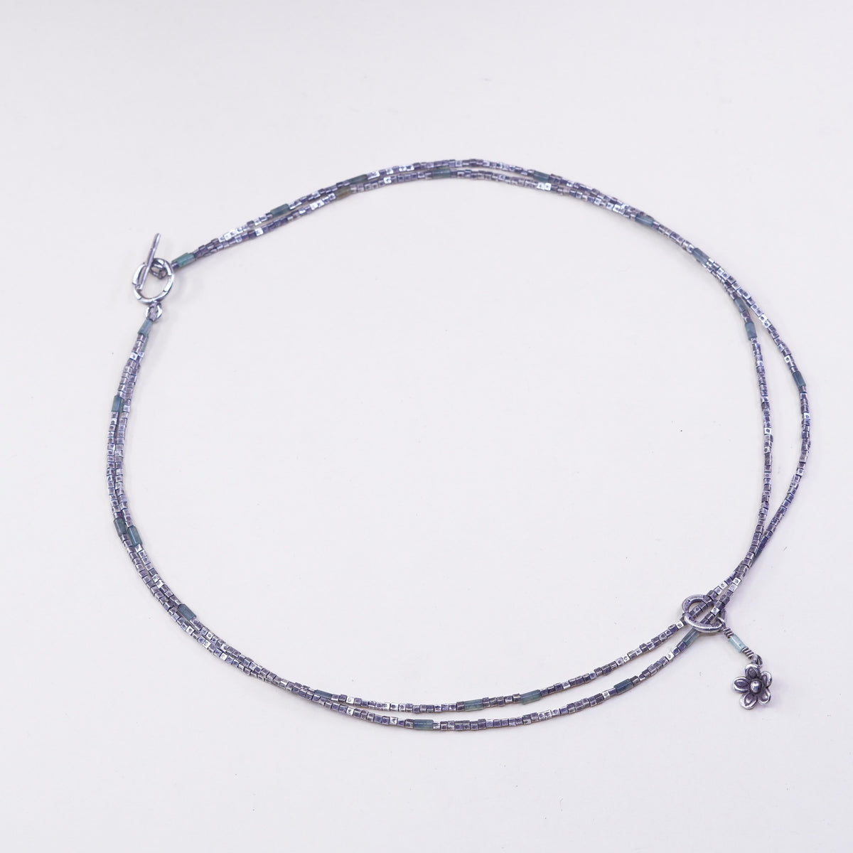 18”, Sterling silver double strands necklace 925 nugget chain w/ flower pendant