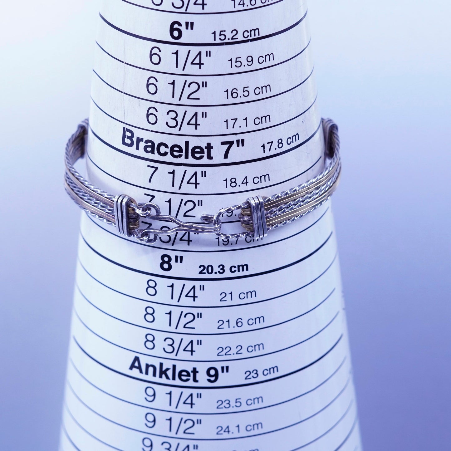7.75”, Two tone Sterling 925 silver bracelet, braided hinged bangle brass