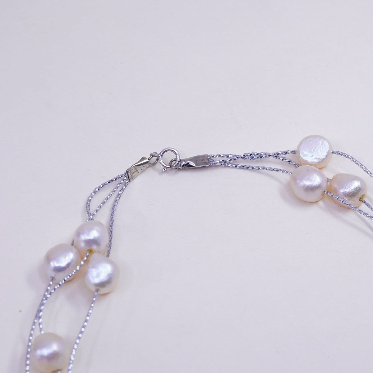 17”, Vintage handmade multi strands Sterling silver wheat chain pearl beads