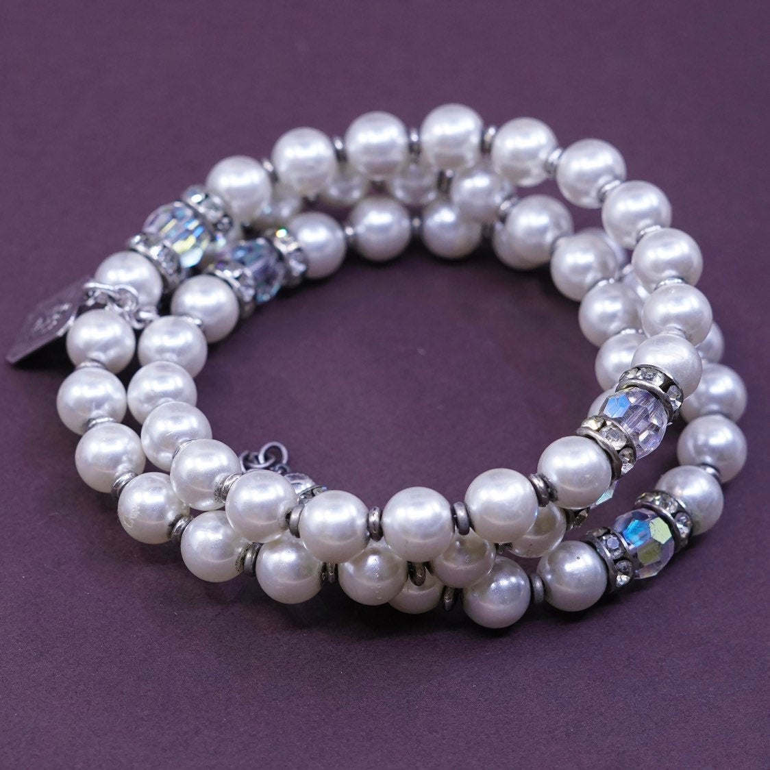 7" pearl beads wrap bangle bracelet with sterling 925 silver Jesus charm