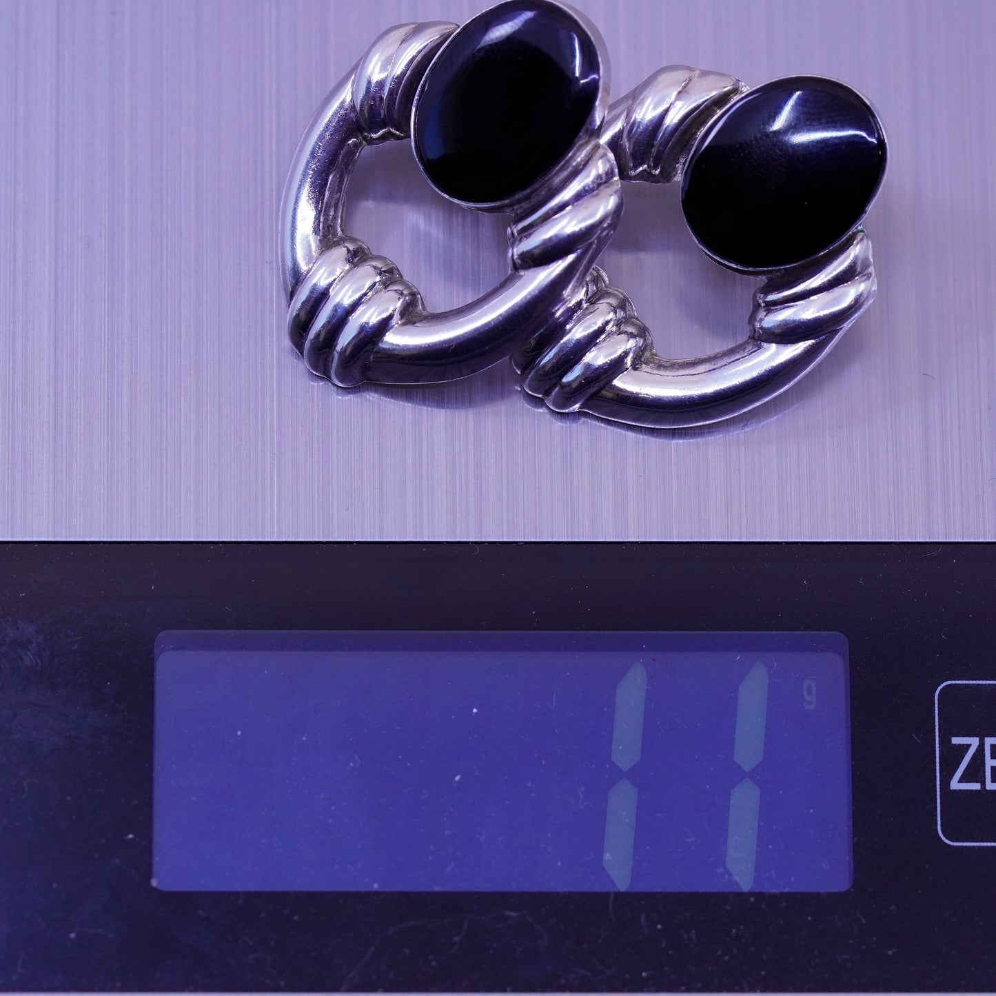Vintage Sterling silver handmade earrings, Modern 925 ribbed stud oval obsidian