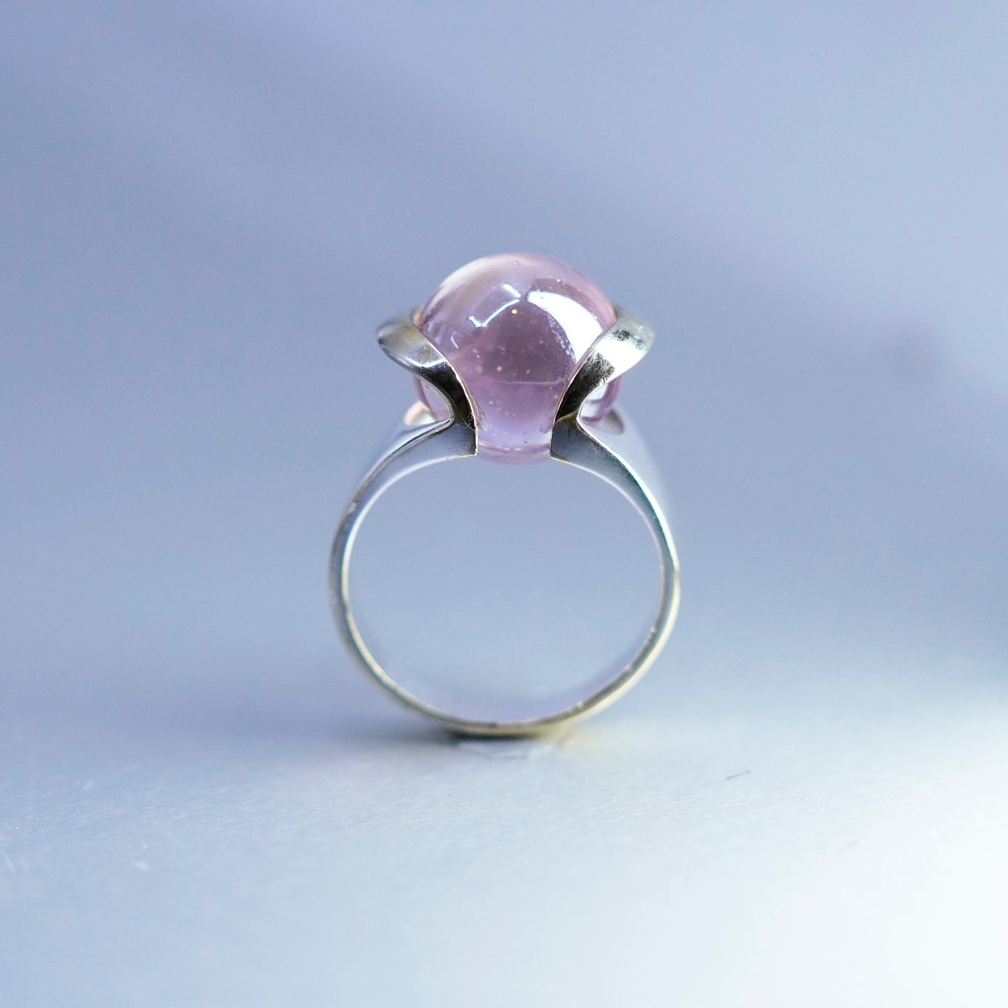 Size 10.5, vintage silver tone handmade interchangeable ring with pink glass