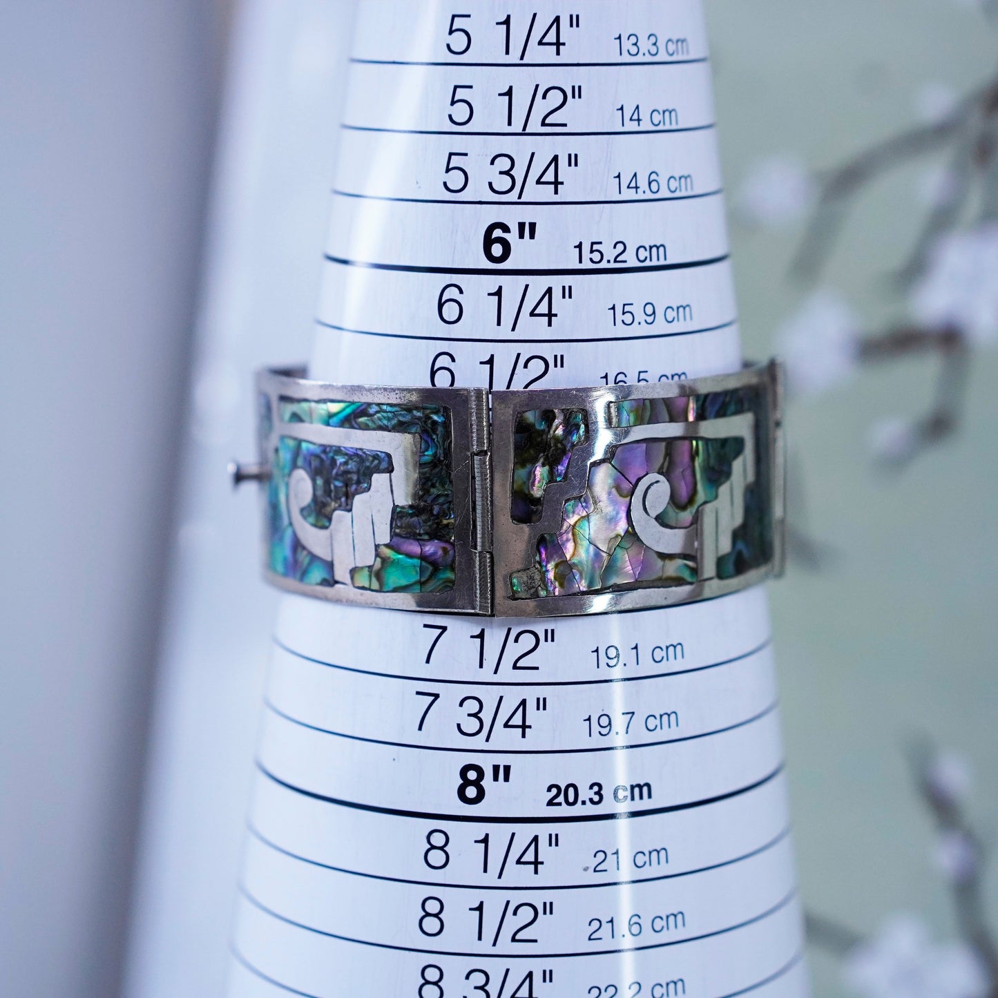 6.5”, Vintage sterling silver handmade bracelet, hinged 925 bangle with abalone