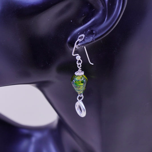 Vintage Sterling 925 silver handmade earrings with green teardrop glass dangles