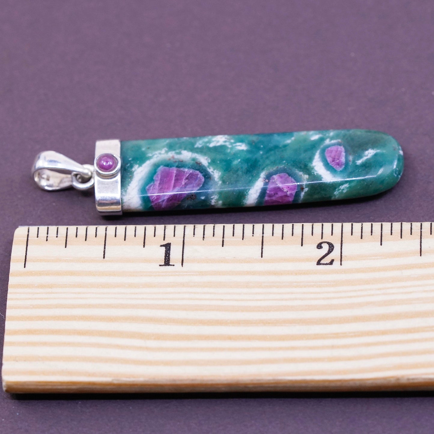 Vintage Sterling 925 silver handmade pendant with long green and purple jade
