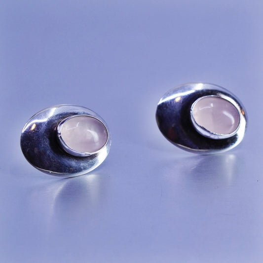 Vintage Sterling 925 silver earrings, oval studs with pink rose quartz