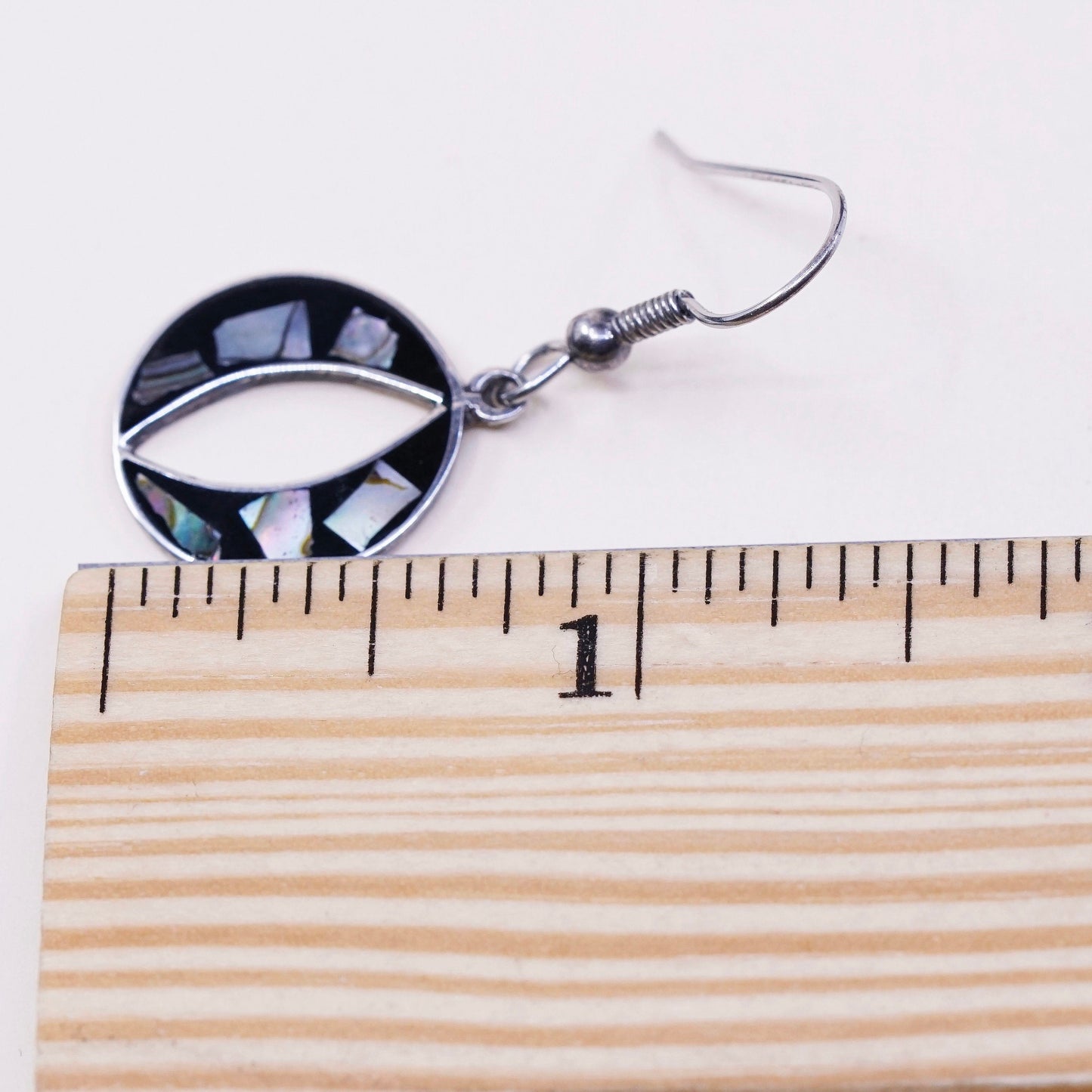 vtg Mexico sterling silver handmade earrings, 925 circle w/ abalone and resin