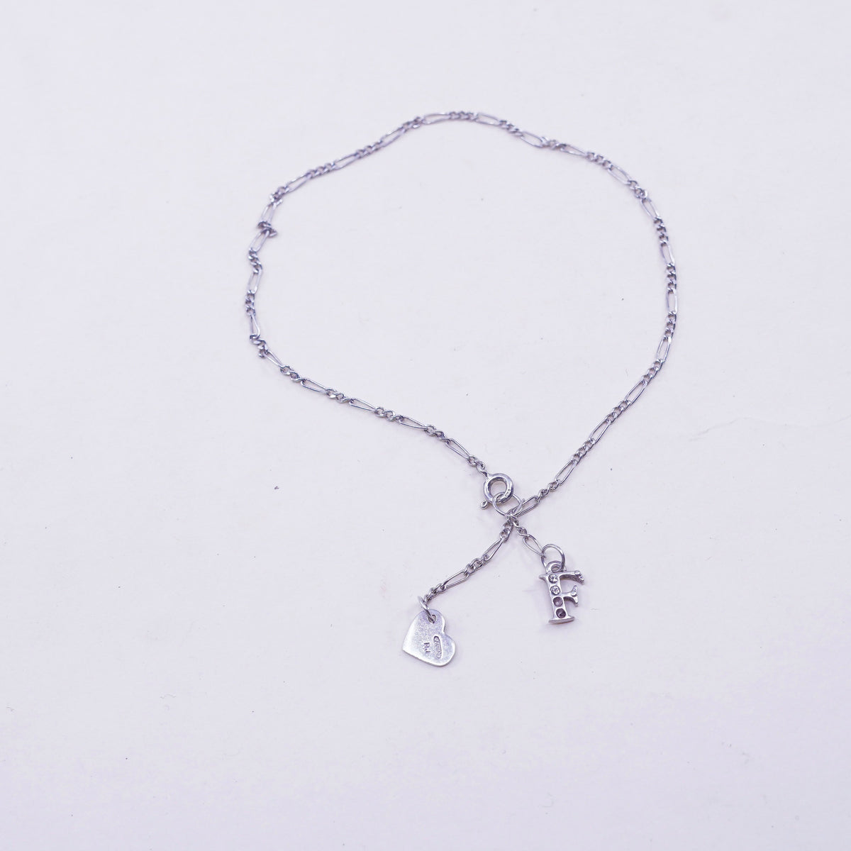 8.5”, Vintage sterling silver Figaro charm bracelet with 925 heart charms