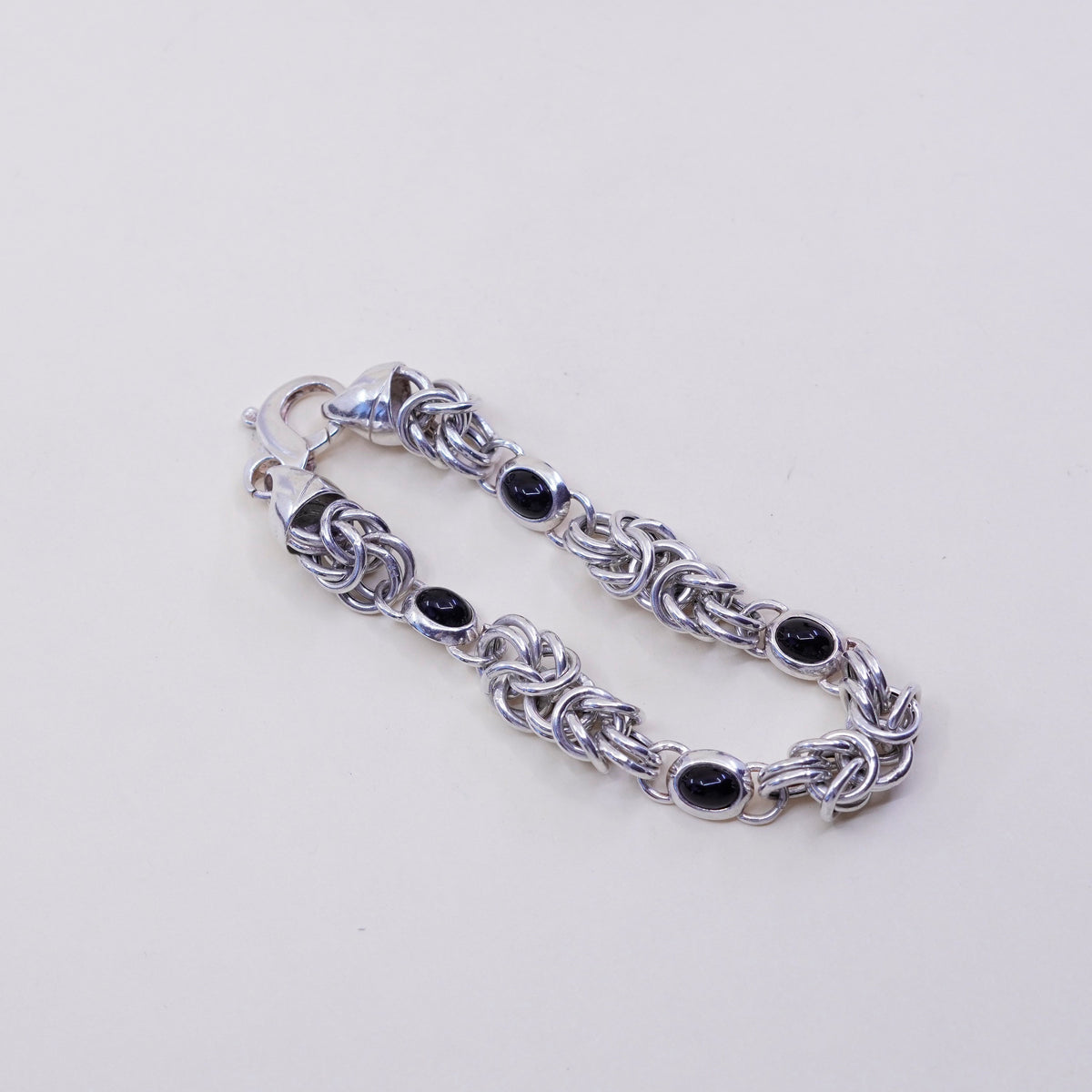 7”, Sterling silver handmade bracelet, 925 Byzantine, birdcage chain N obsidian