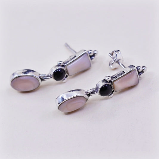 Vintage Sterling 925 silver handmade earrings with mother of pearl and obsidian