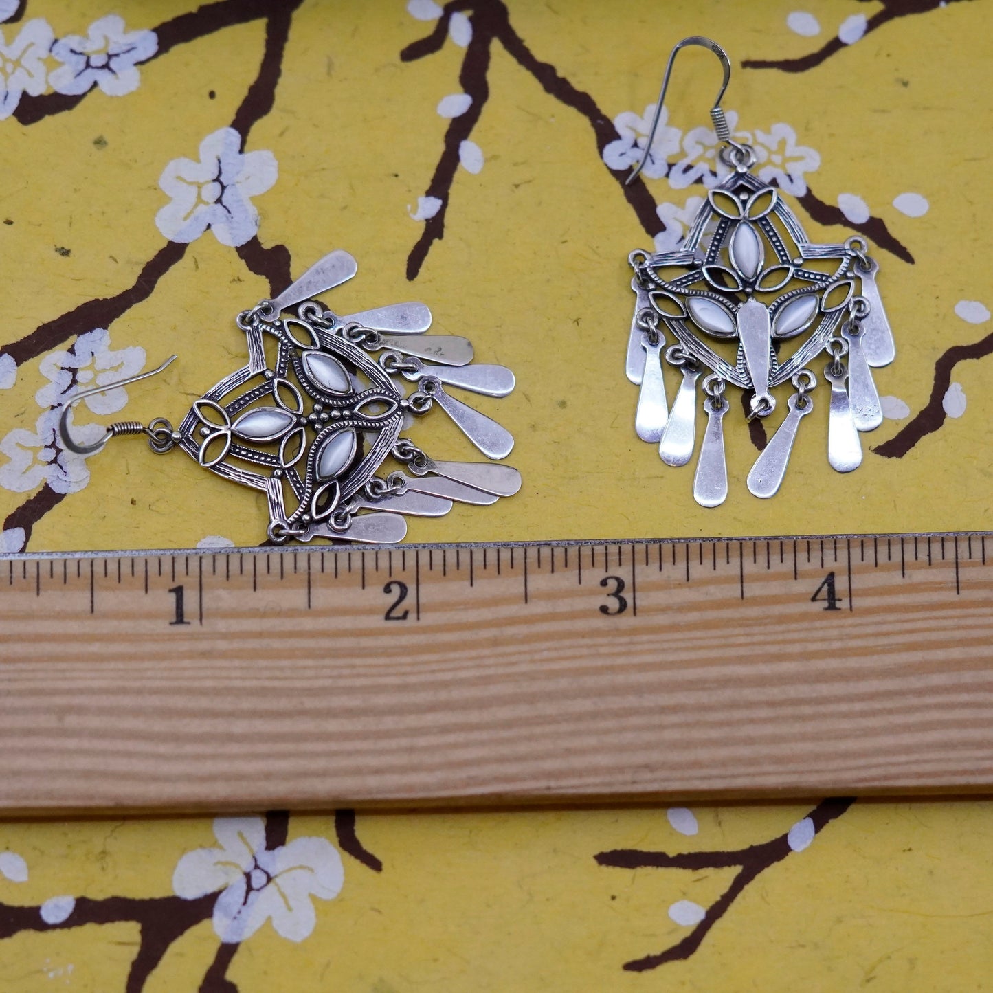 Vintage Sterling 925 Silver Handmade Earrings with mother of pearl fringe