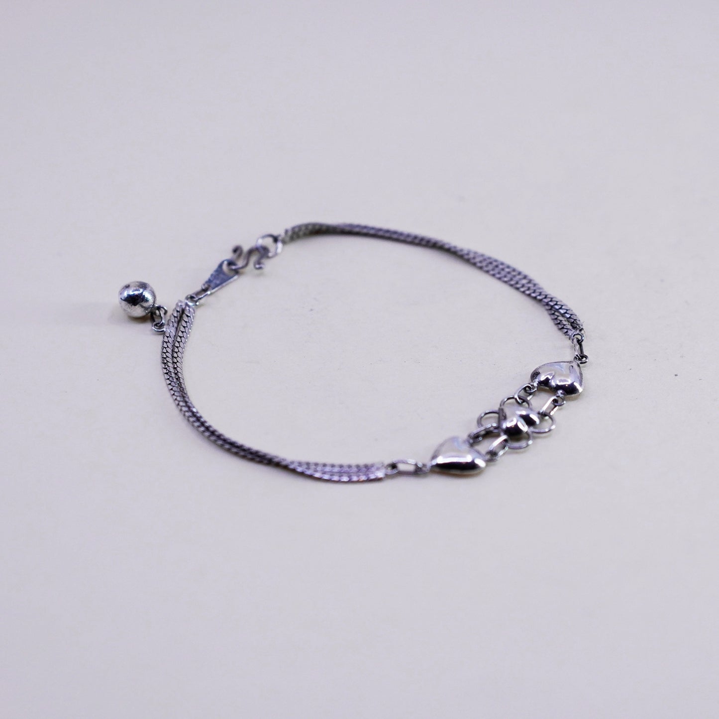 7.5”, Sterling Silver Handmade Bracelet, 925 curb chain with heart bell chime