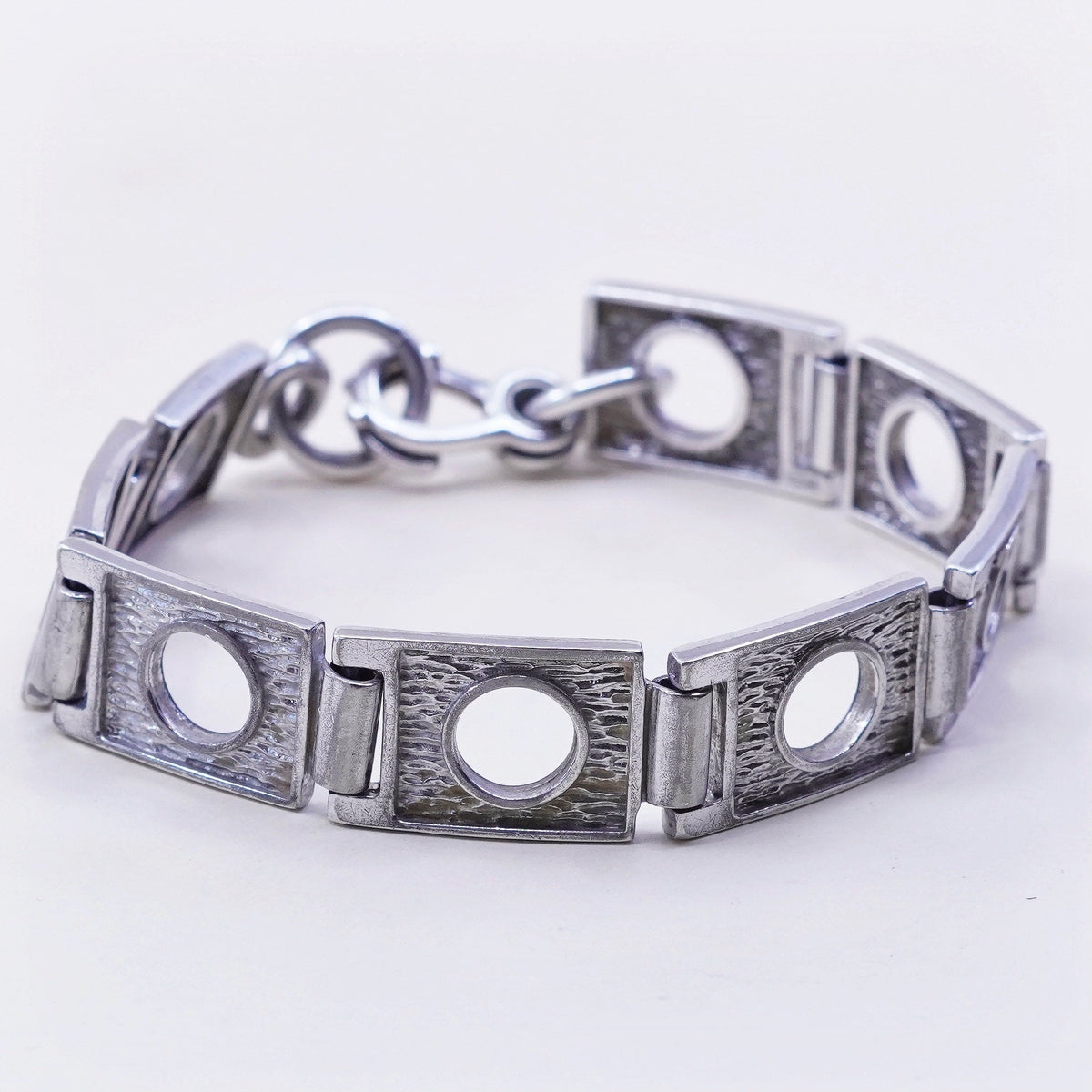 7”, vtg modern sterling silver tennis bracelet textured 925 square circle chain