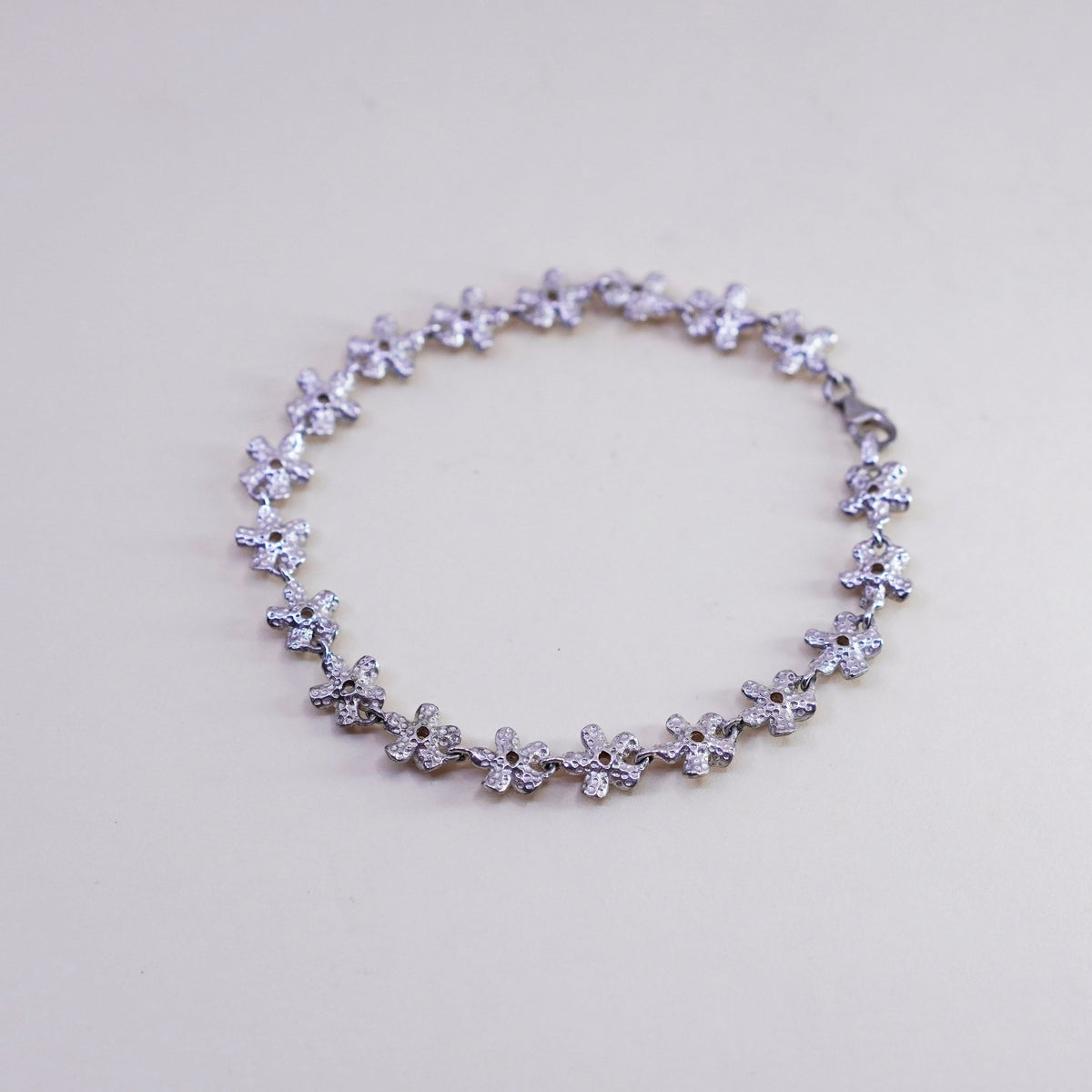 7.5”, sterling silver bracelet, 925 plumeria flowers with cz, handmade jewelry