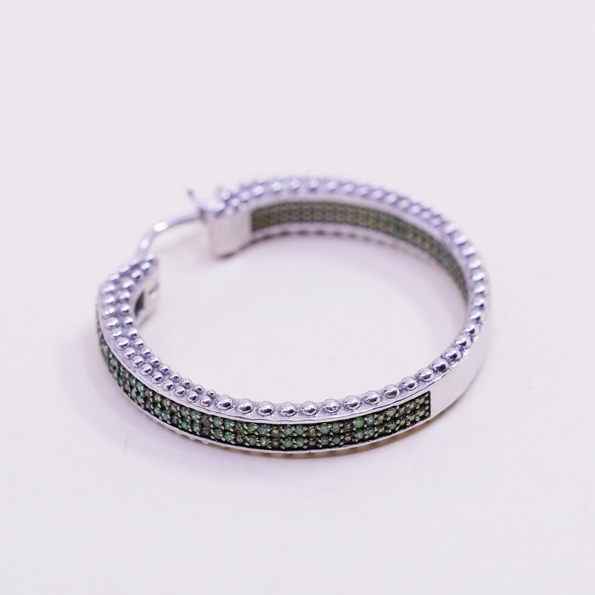 1.25”, sterling silver earrings, 925 silver hoops, Huggie with cluster emerald
