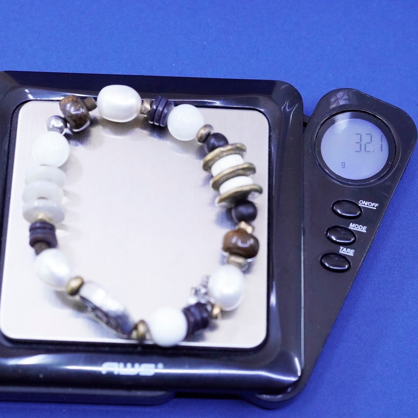 Silpada Sterling 925 Silver Pearl Bronzite Wood Brass Stretch Bracelet B1989