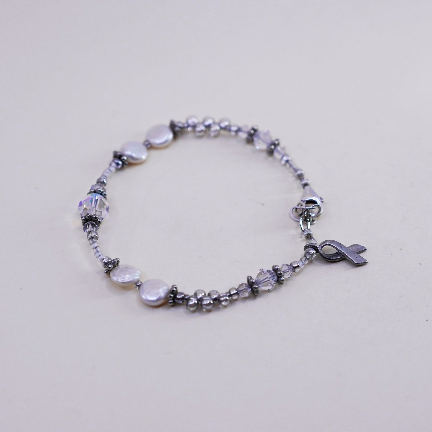 7”, Sterling silver bracelet, 925 pearl beads breast cancer cure ribbon charm