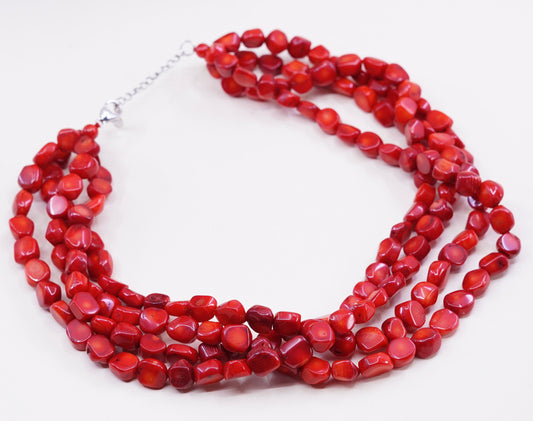 18+2”, Lucas Lameth Luc 925 Sterling Silver 5 Strand Red Coral nugget necklace