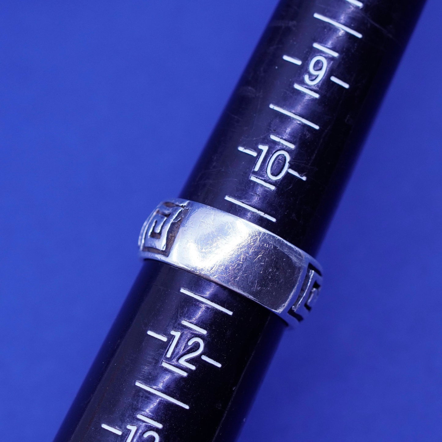 Size 10.5, vtg sterling silver handmade ring, 925 wide band embossed Greek key
