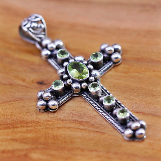 Vintage Sterling 925 silver handmade cross pendant with peridot and beads