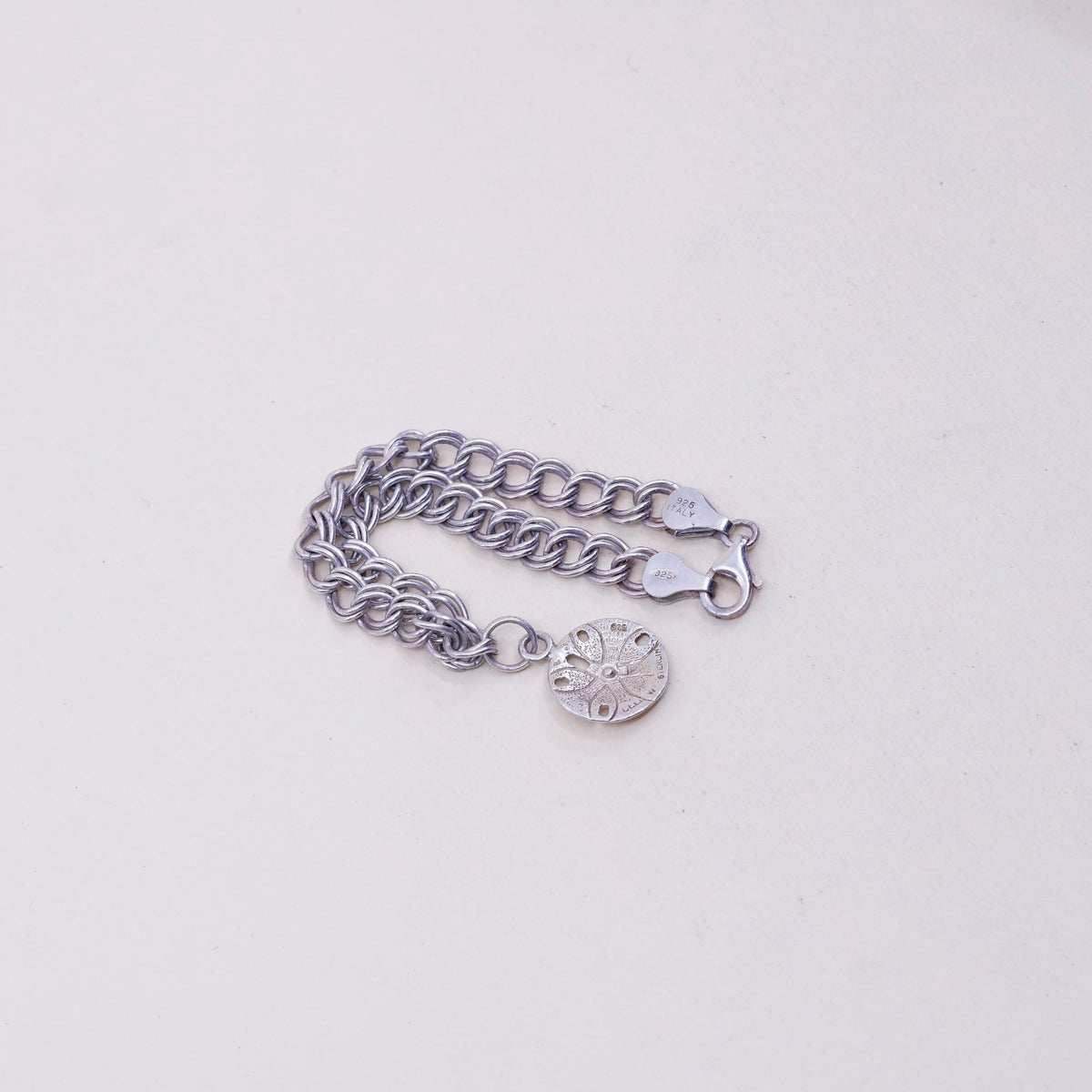 6.75”, sterling silver double curb chain, 925 bracelet w/ sand dollar charm