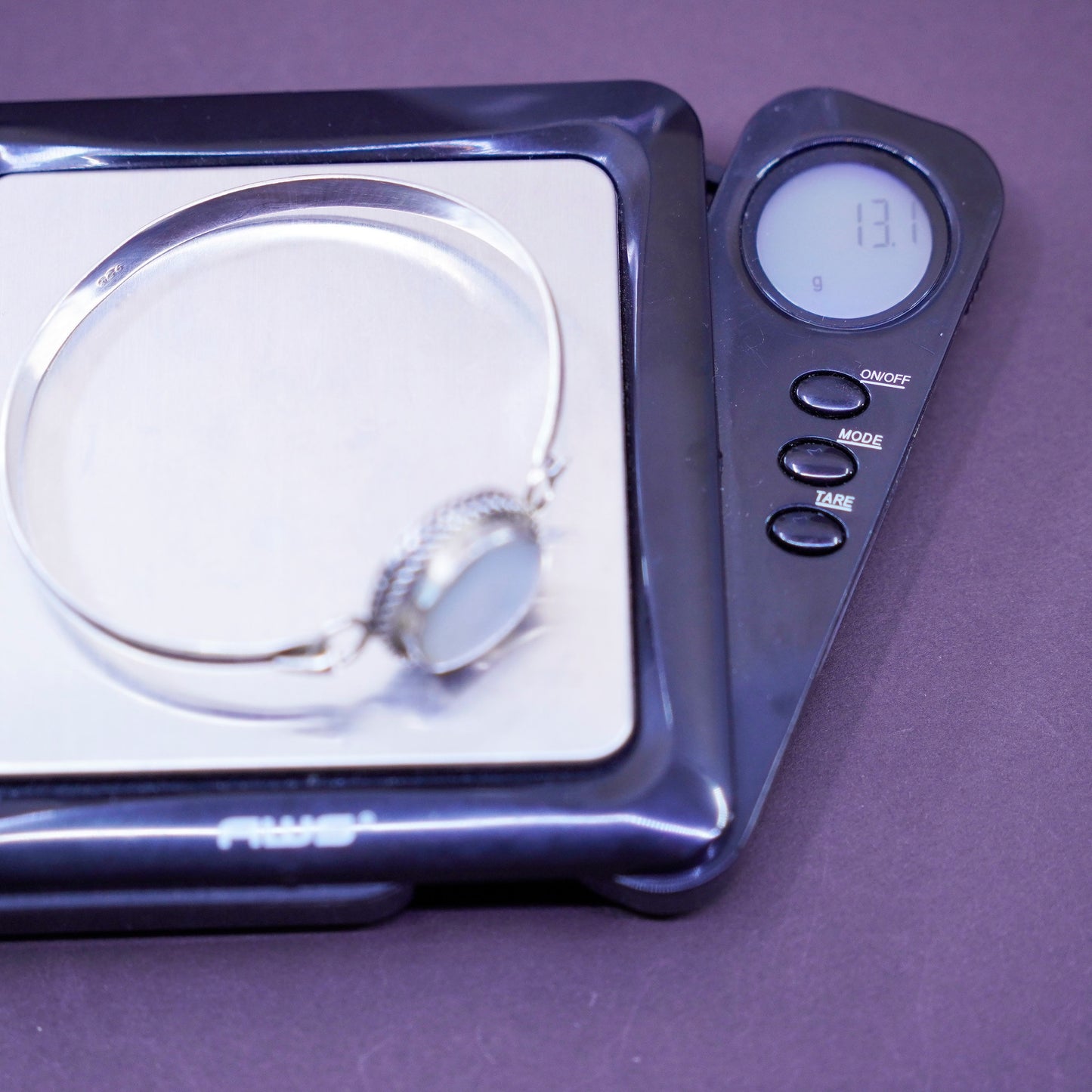 7”, vtg Sterling silver handmade bracelet, 925 hinged bangle mother of pearl