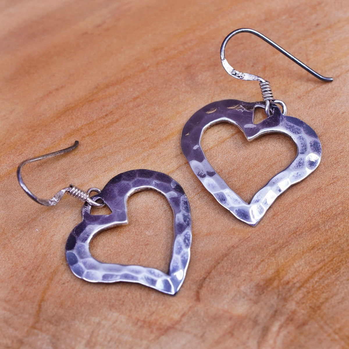 Vintage Sterling silver handmade earrings, 925 hammered heart drops