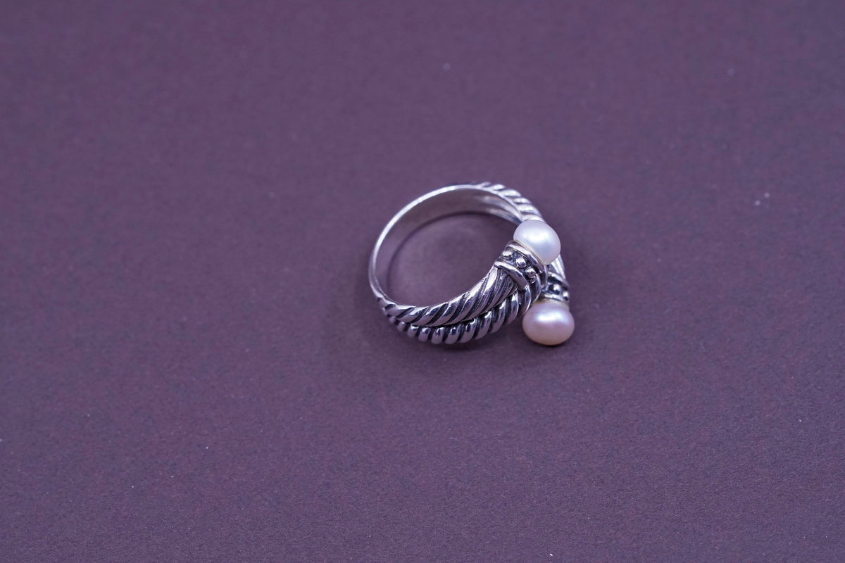 Size 8, vtg CFJ Sterling 925 silver handmade rope ring with freshwater pearl