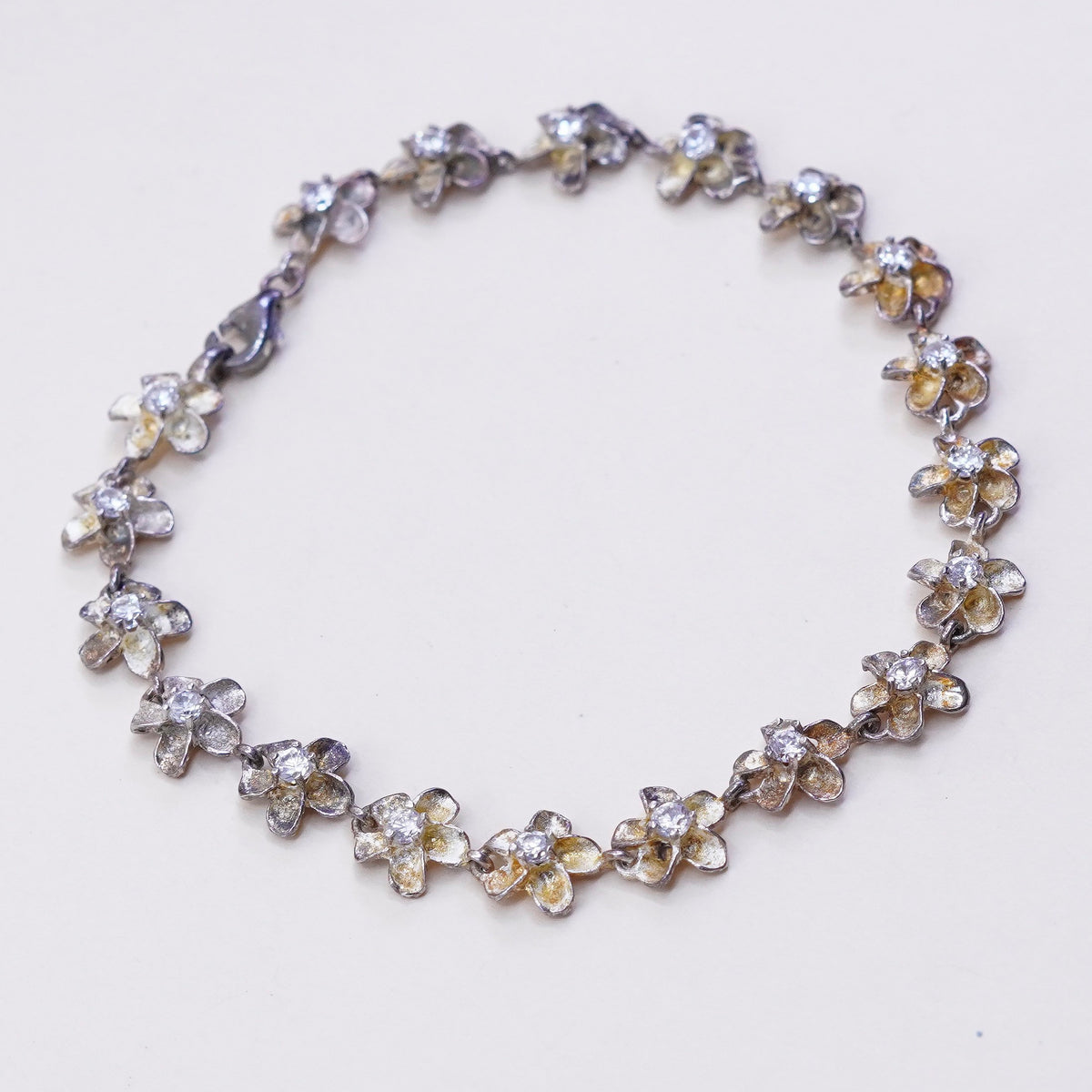7.5”, Vintage sterling silver bracelet, 925 flowers with Cz, handmade jewelry