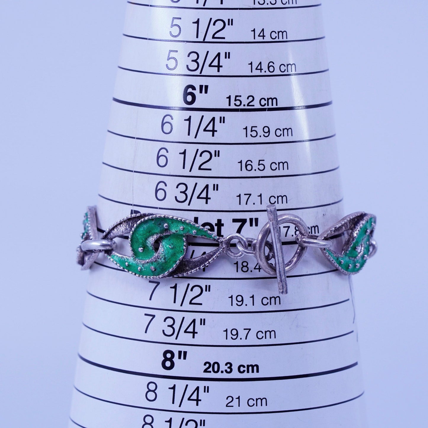 7”, Vintage Sterling 800 silver handmade bracelet, green enamel tornado links