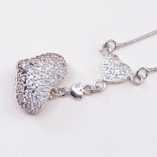 18”, vtg Sterling 925 silver snake chain necklace w/ filigree heart pendant Cz