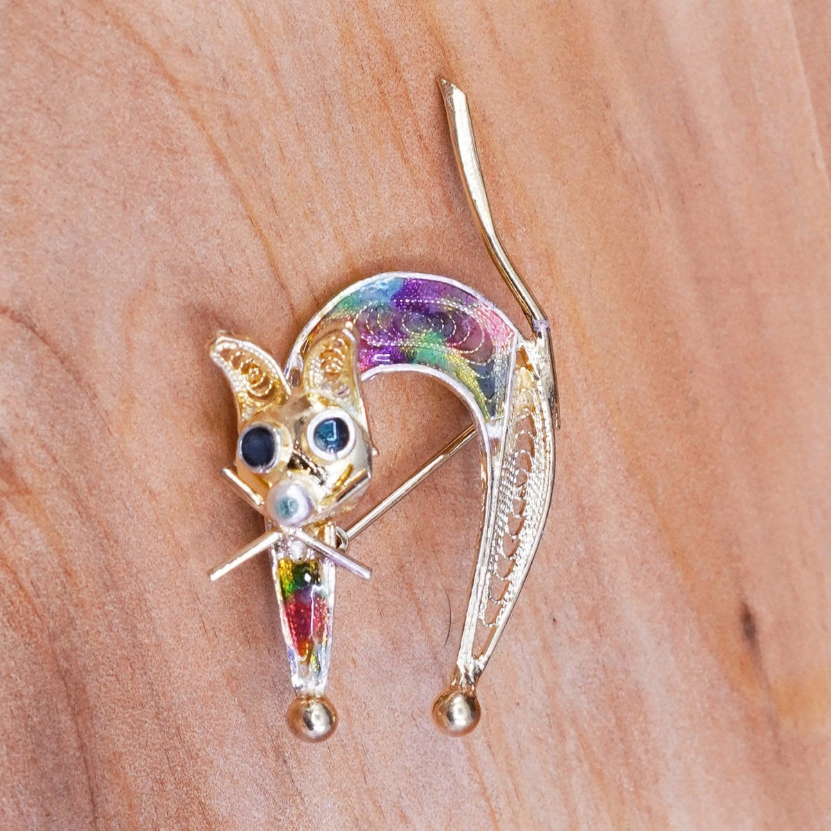 Vintage vermeil gold over handmade sterling 800 silver cat brooch pin enamel