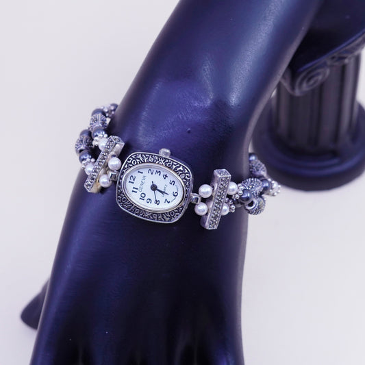 6”, Vintage Geneva watch with Sterling 925 watch band and pearl marcasite