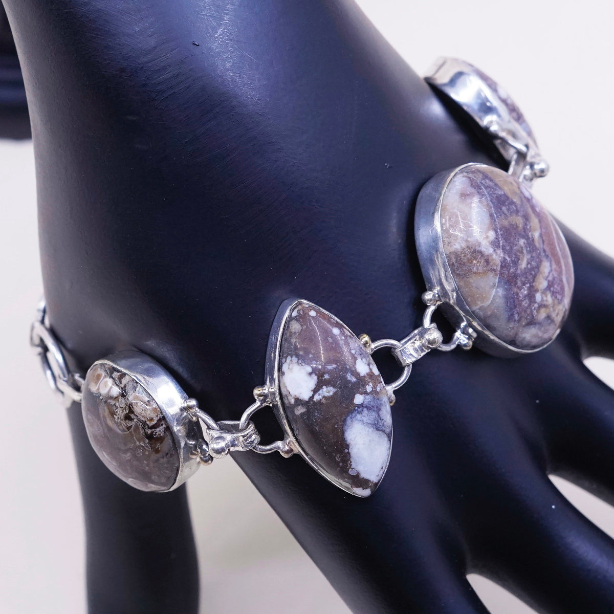 6.5+1”, vtg sterling 925 silver handmade bracelet w/ jasper and toggle closure