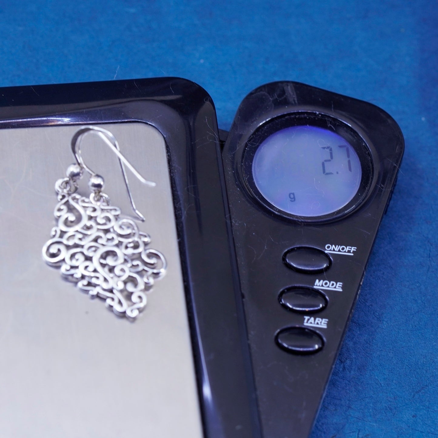 Vintage Sterling silver handmade earrings, 925 filigree diamond shaped drops