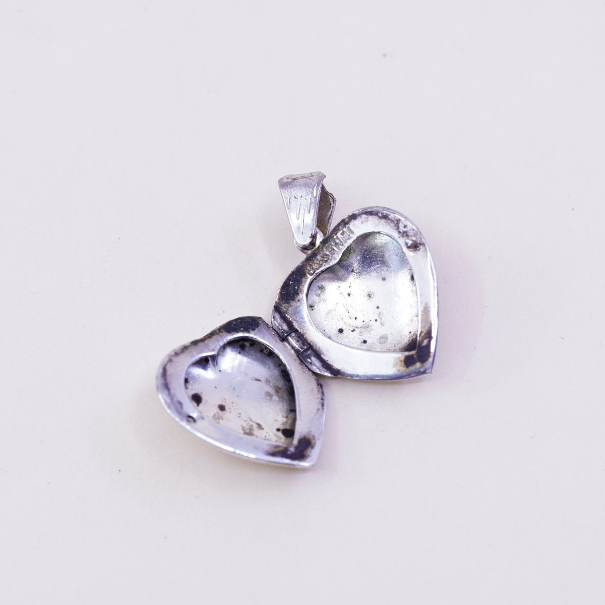 Vintage sterling silver photo locket charm pendant, flower textured 925 heart