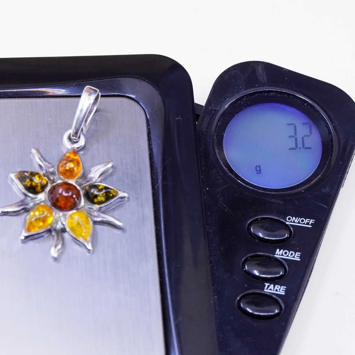 Vintage Sterling 925 silver handmade Sun flower charm pendant with Amber