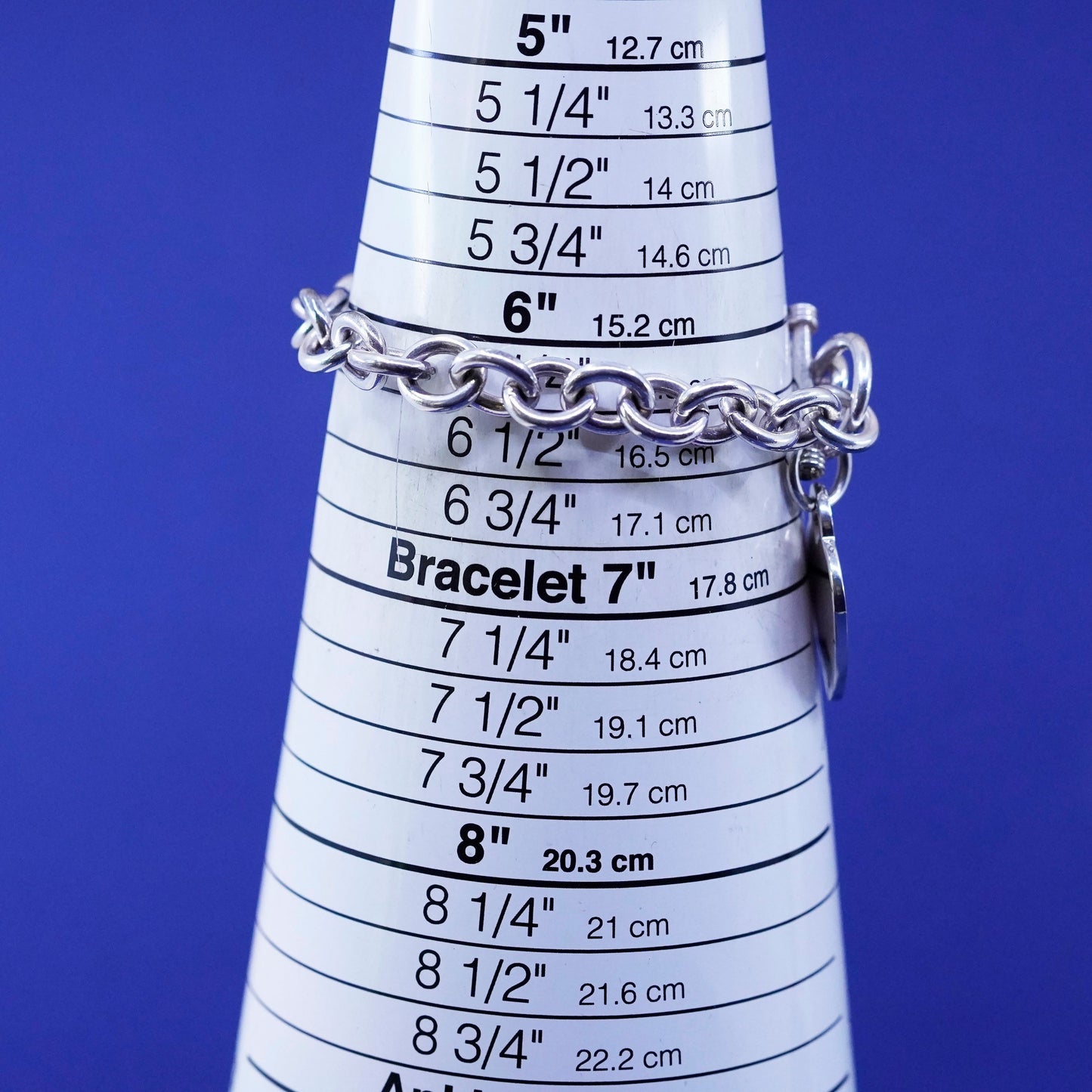 6.25”, Sterling silver handmade bracelet, 925 bold circle chain heart tag charm