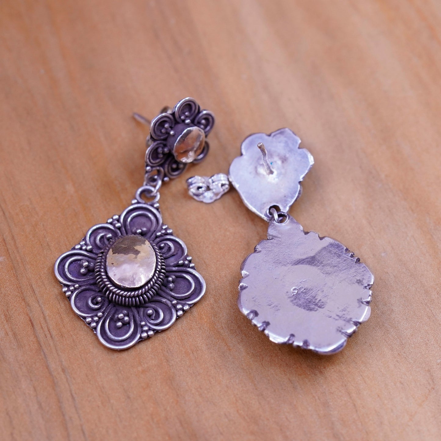 Two tone handmade sterling silver earrings, 925 floral dangle 14K accent beads