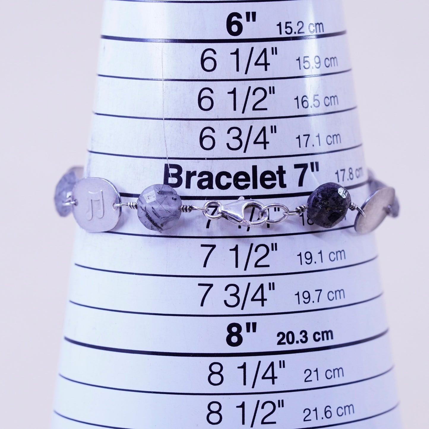7.25”, vintage Sterling 925 silver handmade bracelet music discs Quartz