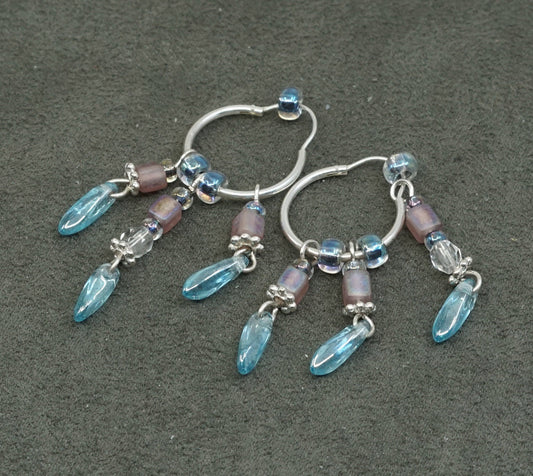 0.75", vtg Sterling silver handmade hoops, 925 earrings w/ fringe N crystal