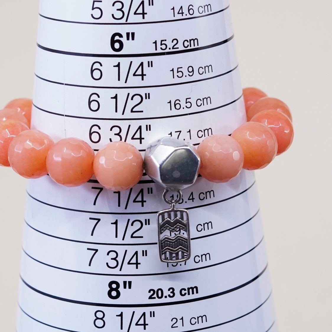 7”, handmade bracelet, elastic band w/ quartz beads sterling 925 silver charm,