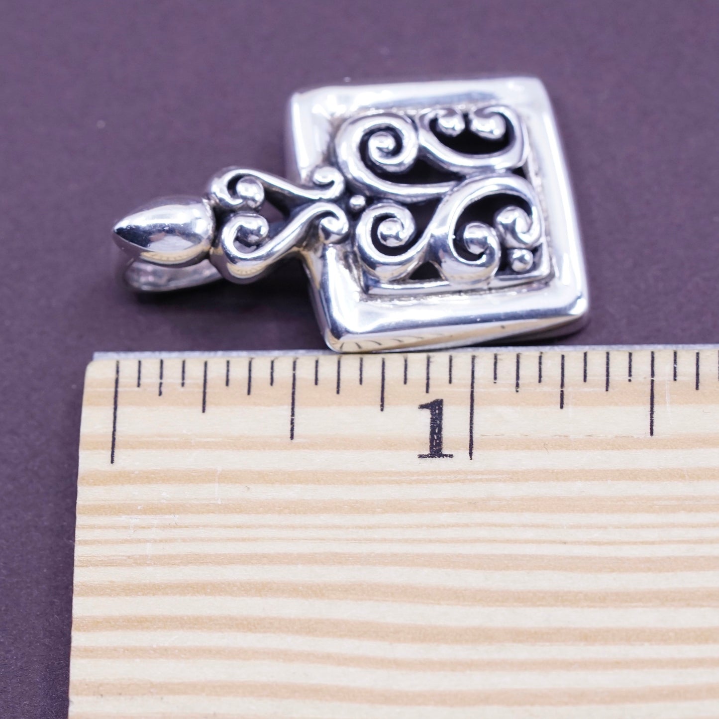 Vintage Sterling silver handmade pendant, 925 square with Bali filigree