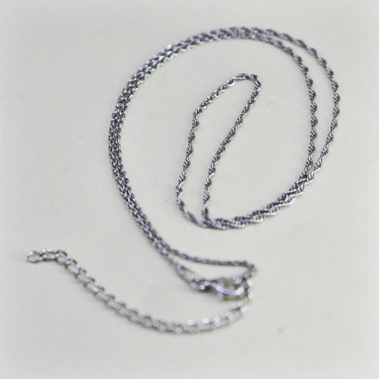 16+2” 1mm, vintage Italy sterling silver necklace, 925 Singapore rope chain