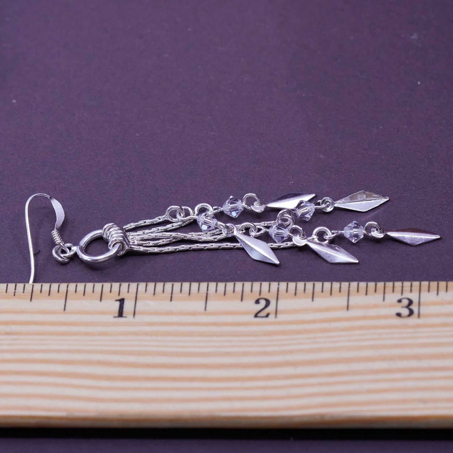 Vintage Sterling 925 silver handmade earrings with crystal and fringe dangles