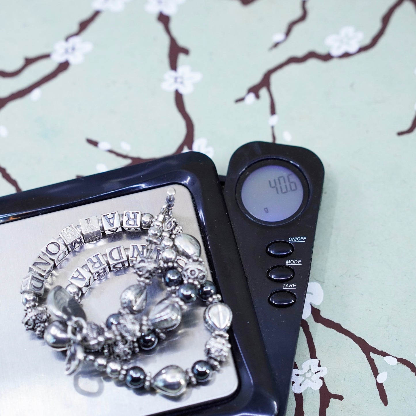 6.75”, Sterling 925 Silver hematite beads bracelet names “Raymond Sandra” cubes