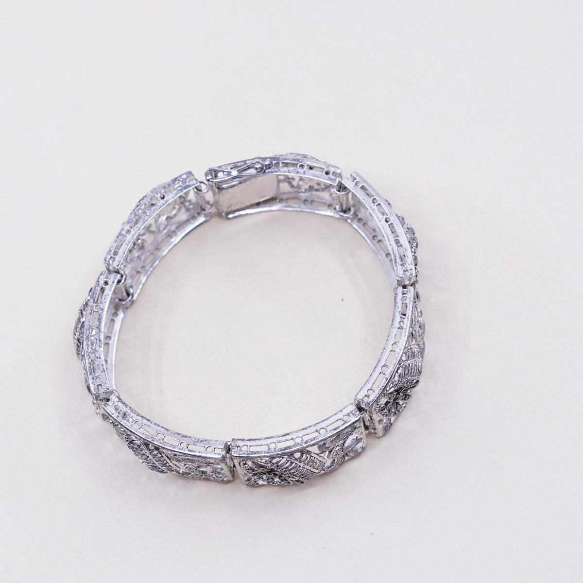 7”, vtg Sterling 800 Silver chain, tennis Bracelet w/ filigree marcasite flower