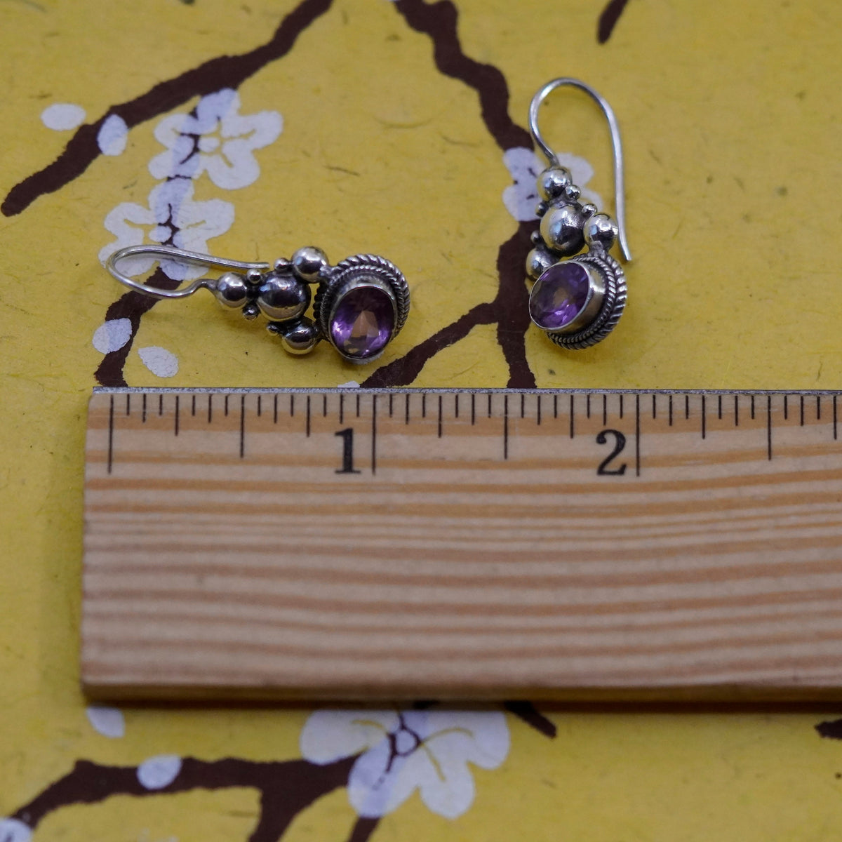 Vintage Sterling silver handmade earrings, 925 dangles with oval amethyst beads