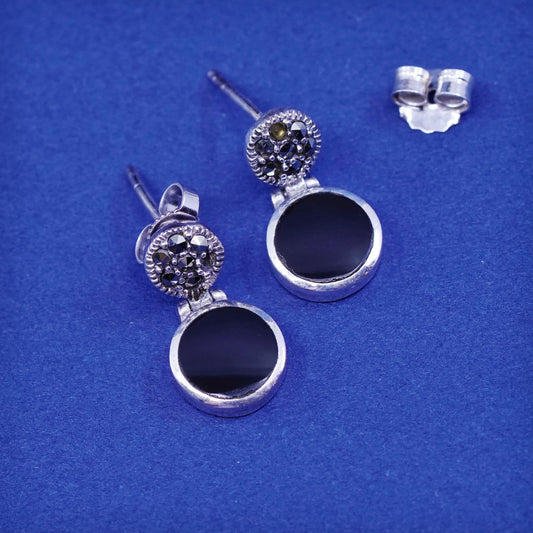 Vintage sterling 925 silver handmade earrings with round obsidian and marcasite