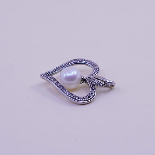 Vintage sterling 925 silver heart pendant with cluster clear Cz and pearl